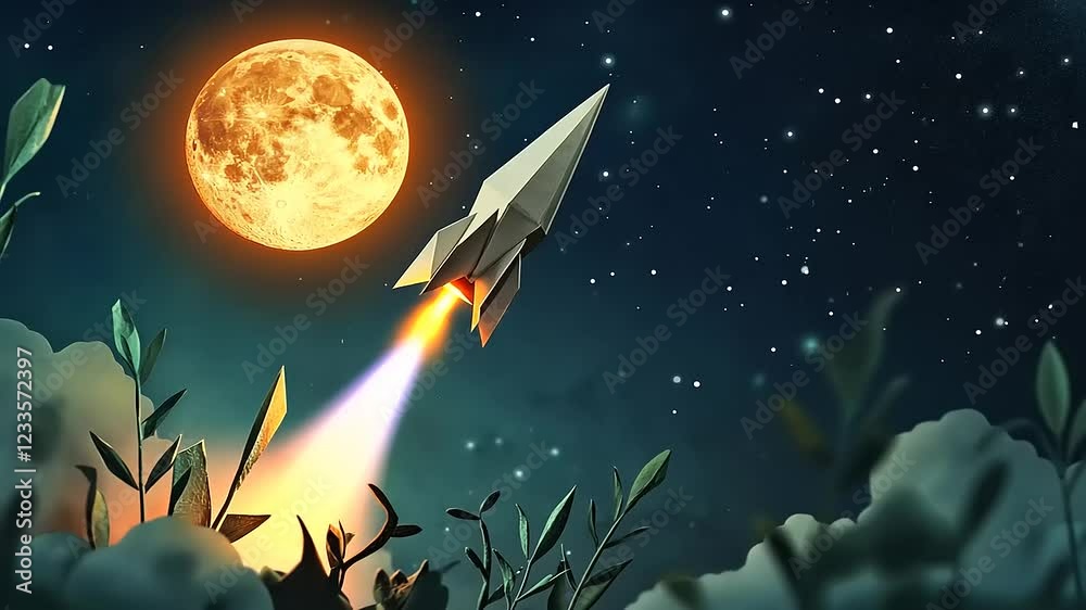 A paper rocket launching into a starry night sky with a glowing full moon and lush greenery