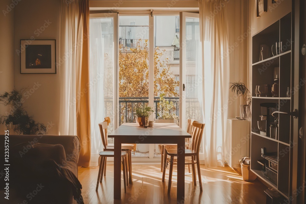 Fototapeta premium A Japandi-style apartment with a wooden dining table, minimal furniture, and soft natural light streaming in from a balcony.