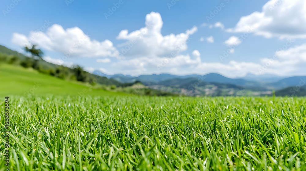Lush green grass, mountain view, sunny day, idyllic landscape, travel poster Lush green grass, mountain view, sunny day, idyllic landscape, travel poster