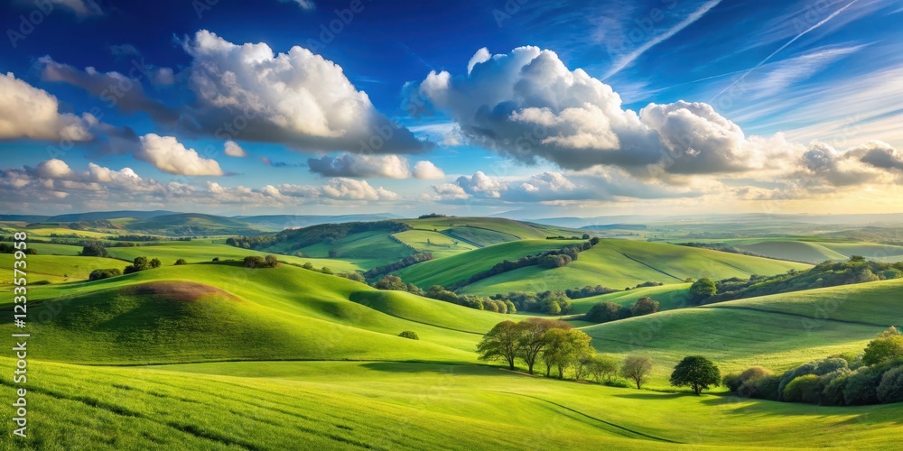 Obraz premium Rolling green hills stretch towards a clear blue horizon with a few wispy clouds
