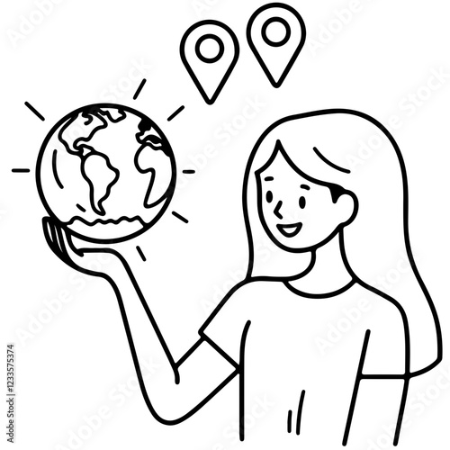 Line drawing of a woman holding a globe with her hand, generative AI