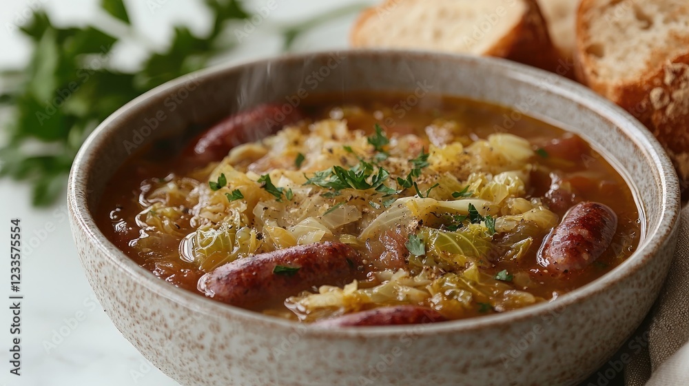 Hearty soup with sausages and cabbage served in a rustic bowl with bread Hearty soup with sausages and cabbage served in a rustic bowl with bread