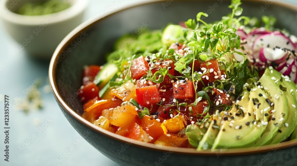 A bowl of colorful salad with fresh vegetables, avocado, and a drizzle of dressing. Healthy eating A bowl of colorful salad with fresh vegetables, avocado, and a drizzle of dressing. Healthy eating