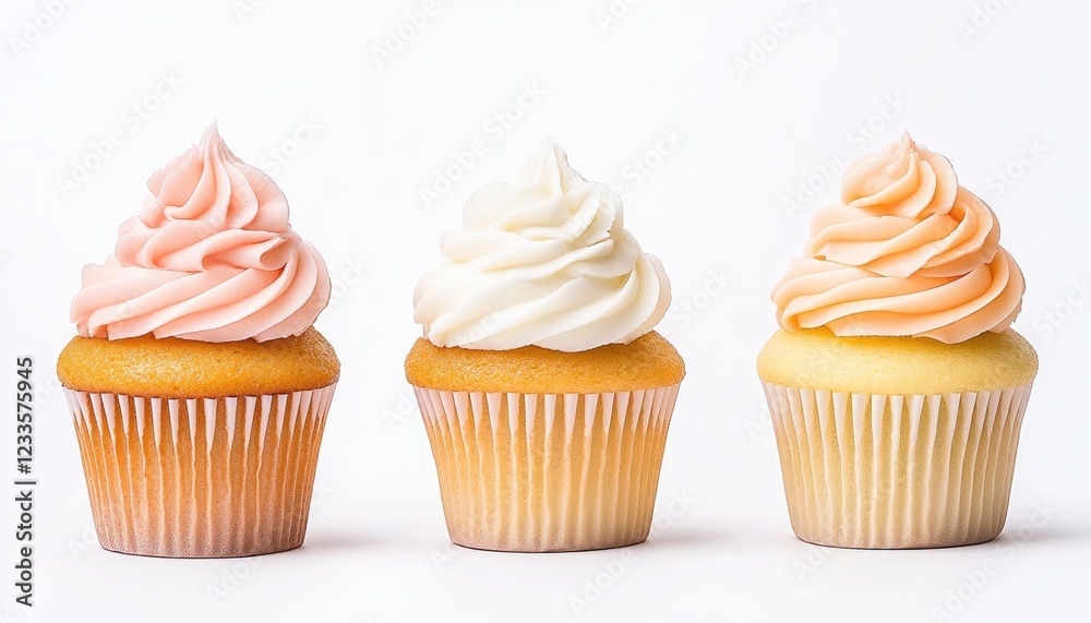 Three beautifully decorated cupcakes with pastel frosting on a clean white background Three beautifully decorated cupcakes with pastel frosting on a clean white background