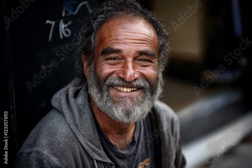 Capturing joy in adversity: a portrait of a homeless individual. photo