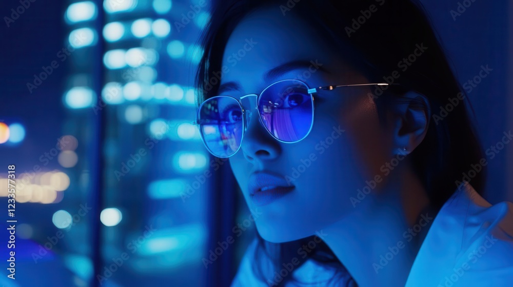 professional woman working late in modern office blue light from tablet reflecting on glasses city lights twinkling through windows