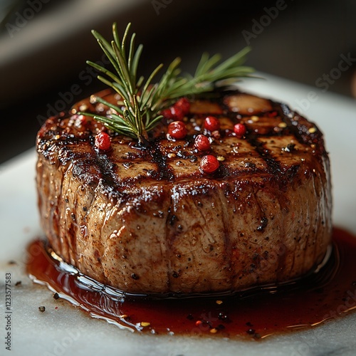 Grilled steak with spices and herbs presentation. photo