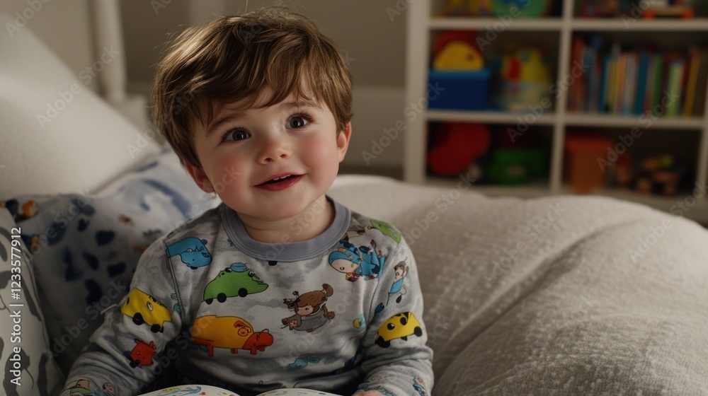 Toddler boy in pajamas sits on bed looking up, smiling. Toddler boy in pajamas sits on bed looking up, smiling.