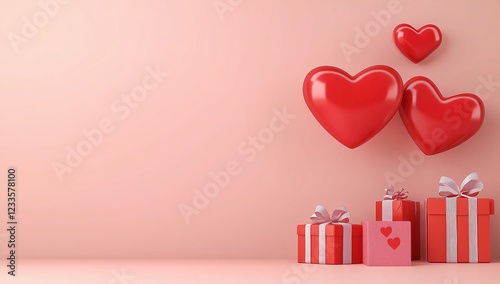 In front of the soft pink background, a bright red heart is suspended, and several red gift boxes with white ribbons are arranged in order below, creating a sweet and warm atmosphere.