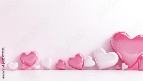 On the soft pink background, pink and white heart balloons of different sizes are arranged in a staggered manner, creating a sweet and romantic atmosphere.