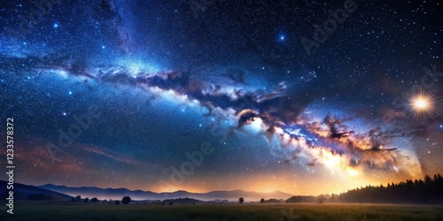 Starry sky at night with a fly over landscape background loop, vast, galaxy,  vast, galaxy