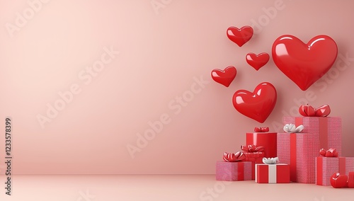 In front of the soft pink background, a bright red heart is suspended, and several red gift boxes with white ribbons are arranged in order below, creating a sweet and warm atmosphere.