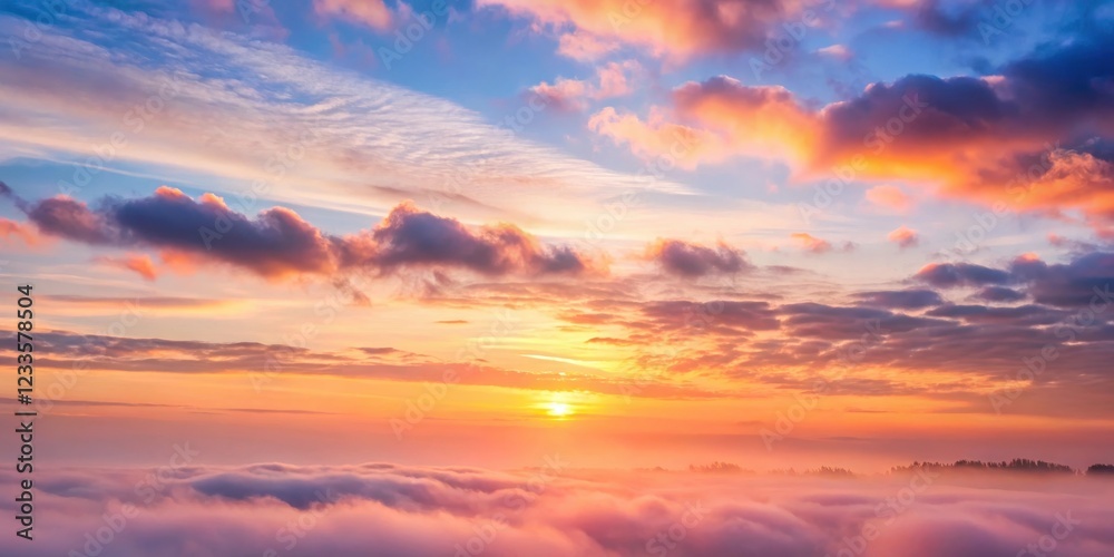 Obraz premium Soft pink hues of sunrise peeking through thin clouds on a serene morning sky