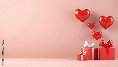 In front of the soft pink background, a bright red heart is suspended, and several red gift boxes with white ribbons are arranged in order below, creating a sweet and warm atmosphere.