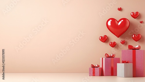 In front of the soft pink background, a bright red heart is suspended, and several red gift boxes with white ribbons are arranged in order below, creating a sweet and warm atmosphere.