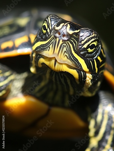 Close Up Image of Yellow Bellied Slider Turtle with Distinctive Markings : Generative AI photo