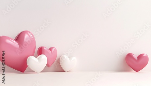 On the soft pink background, pink and white heart balloons of different sizes are arranged in a staggered manner, creating a sweet and romantic atmosphere.