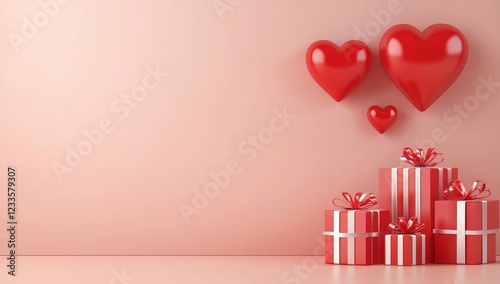 In front of the soft pink background, a bright red heart is suspended, and several red gift boxes with white ribbons are arranged in order below, creating a sweet and warm atmosphere.