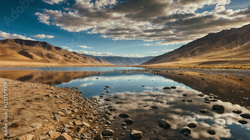 A Pristine Lake Amidst Rolling Hills Reflecting Clouds on World Water Day photo