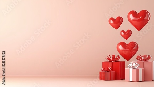 In front of the soft pink background, a bright red heart is suspended, and several red gift boxes with white ribbons are arranged in order below, creating a sweet and warm atmosphere.