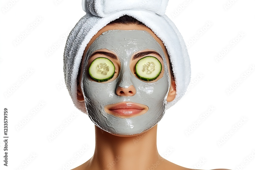 Woman Enjoying a Relaxing Spa Day with Nourishing Grey Clay Face Mask and Cucumber Slices : Generative AI Woman Enjoying a Relaxing Spa Day with Nourishing Grey Clay Face Mask and Cucumber Slices : Generative AI