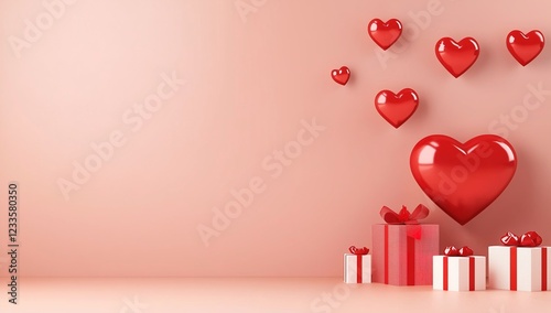 In front of the soft pink background, a bright red heart is suspended, and several red gift boxes with white ribbons are arranged in order below, creating a sweet and warm atmosphere.