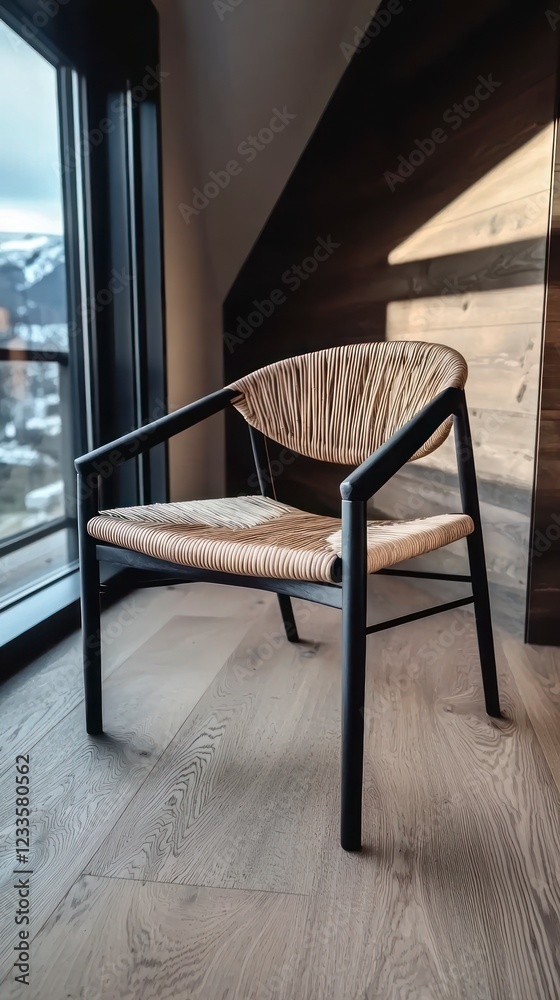 Naklejka premium Modern Rattan Chair Contemporary Interior Design Wooden Floor Stylish Home Decor