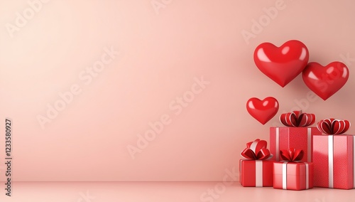 In front of the soft pink background, a bright red heart is suspended, and several red gift boxes with white ribbons are arranged in order below, creating a sweet and warm atmosphere.
