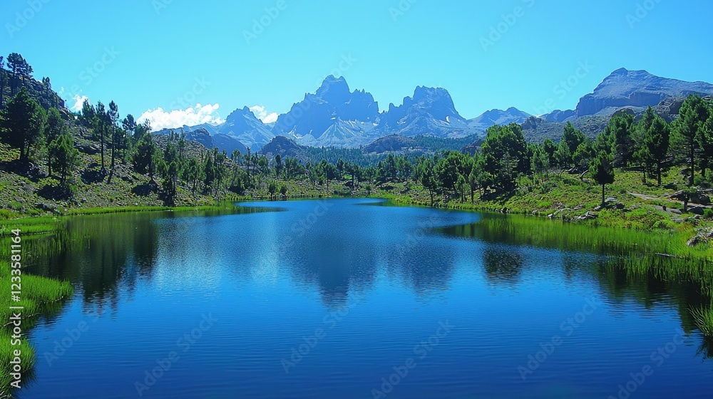 Serene mountain lake reflecting majestic peaks under a clear sky Serene mountain lake reflecting majestic peaks under a clear sky