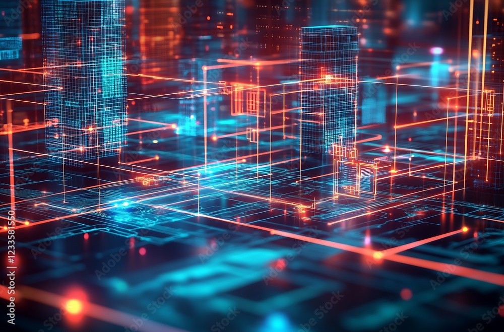 Obraz premium Abstract Virtual Reality Cyber Cityscape with Neon Light Network Design : Generative AI
