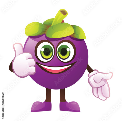 Cute mangosteen character giving a thumbs up with smile, showing approval. Vector cartoon illustration