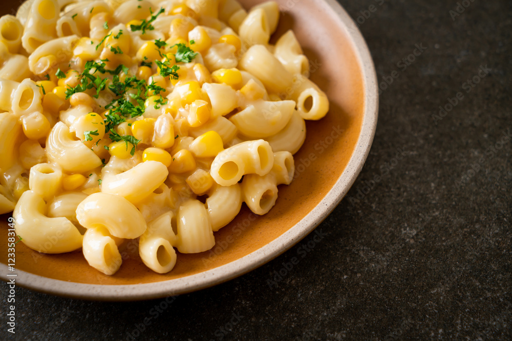 macaroni creamy corn cheese on plate macaroni creamy corn cheese on plate