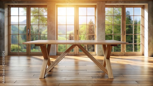 Wooden table with a crossbeam structure and natural wood finish placed under a window with soft natural light pouring in through the glass pane , Crossbeam, Wooden Finish