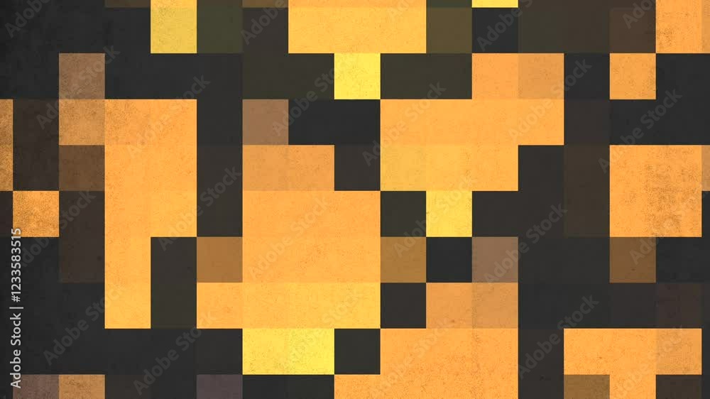 A lively, vibrant pixelated pattern constructed with yellow, orange, and black rectangular shapes stacked together. The colors convey warmth and energy, while the black adds depth and contrast
