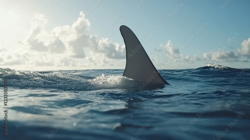 Fototapeta premium Shark Fin Emerging from Calm Ocean Waters Against Bright Sky