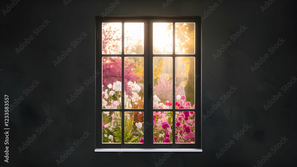 Fototapeta premium A view of a spring garden with various spring flowers in bloom through a window. The morning sunlight is dazzling, and the air is fresh and refreshing.