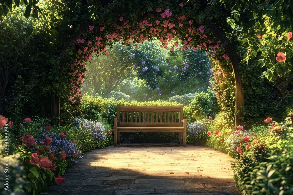Obraz premium A picturesque wooden bench under a blooming floral archway, framed by tall hedges and flower beds in a peaceful garden retreat.