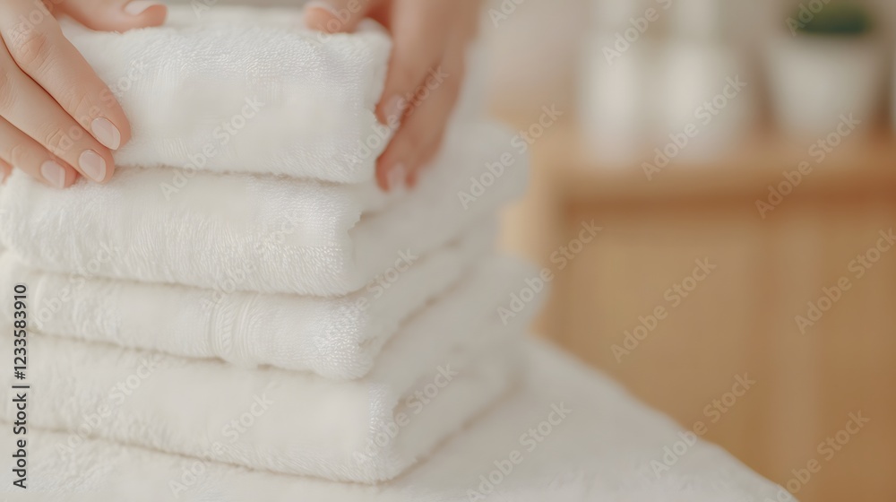 Fototapeta premium professional spa therapist’s hands carefully arranging soft white towels on a massage bed, Generative AI