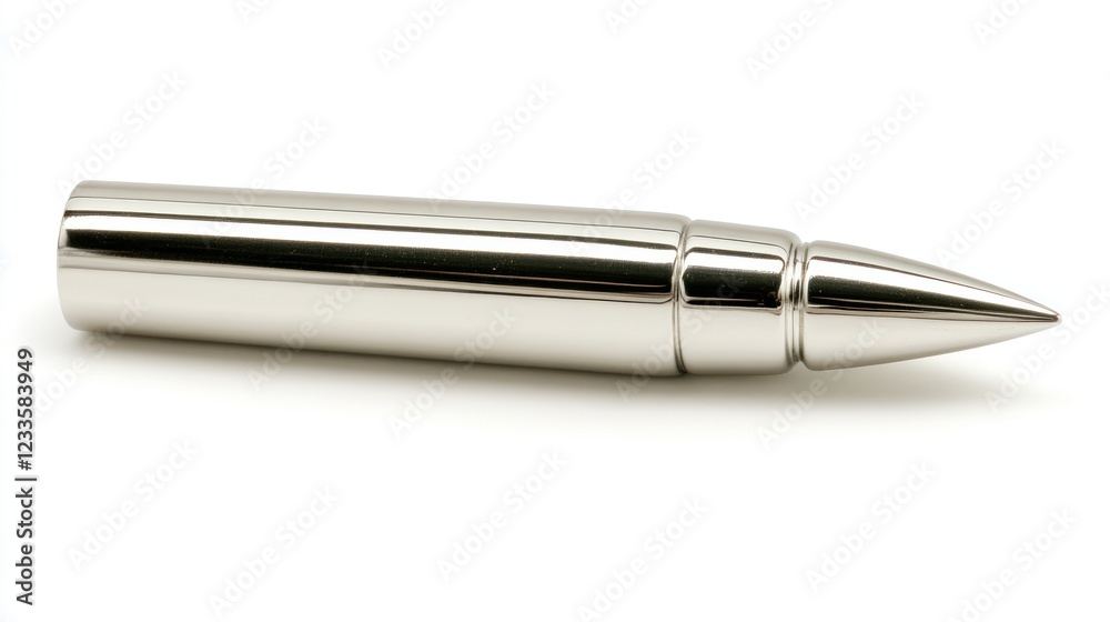 Close-up of a shiny, metallic bullet isolated on a white background. Close-up of a shiny, metallic bullet isolated on a white background.