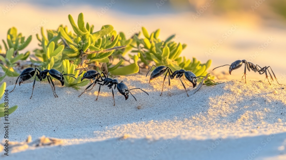 Three black ants foraging near bright green succulent plants on a white sandy dune at sunset. Three black ants foraging near bright green succulent plants on a white sandy dune at sunset.