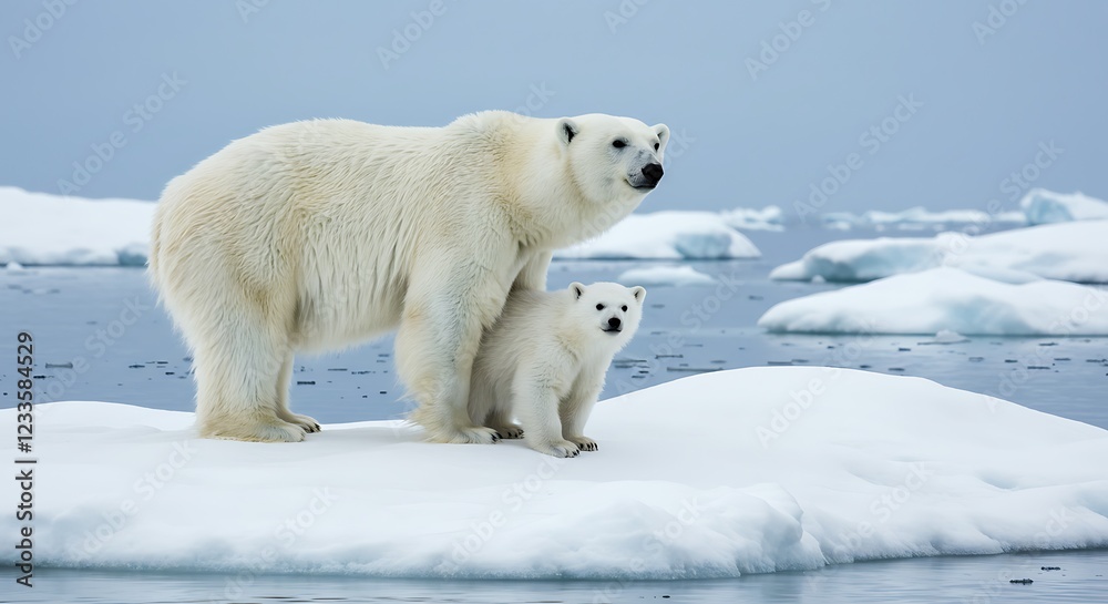 Ourse polaire et son ourson sur la banquise. Photo de stock pour la faune polaire, les animaux arctiques, la nature et l'environnement. Ourse polaire et son ourson sur la banquise. Photo de stock pour la faune polaire, les animaux arctiques, la nature et l'environnement.