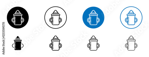 Sippy cup icons set in black and blue colors on white background