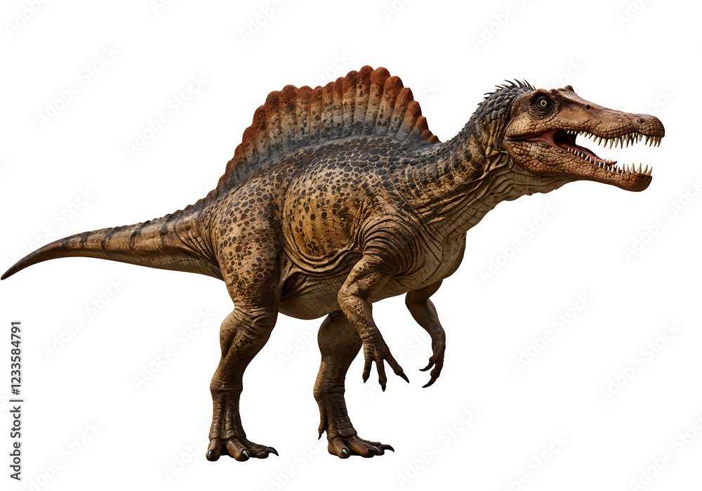 Obraz premium A full shot of a Spinosaurus dinosaur, rendered in high detail, against a plain white background.