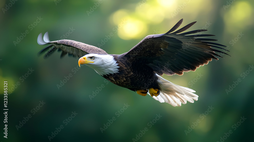 Obraz premium Bald eagle in flight, forest background, wildlife