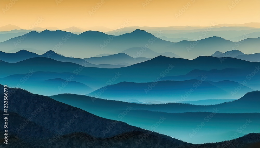 Obraz premium Majestic Sunset Overlaying Subtle Mountain Layers, Bathed in Soft Hues and Shadows as the Evening Sky Transforms into a Symphony of Colors.