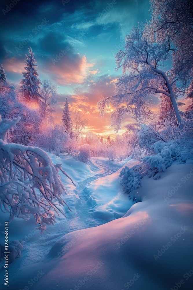 Fototapeta premium Beautiful aurora and winter landscape with snow forest.