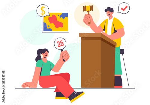 Charity Auction Vector Illustration featuring a Fundraising Event Where Valuable Items are Sold Through Bidding and Donations to Support Generosity