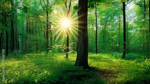 Wallpaper Mural Sunlight piercing through a lush green forest, creating a serene ambiance Torontodigital.ca