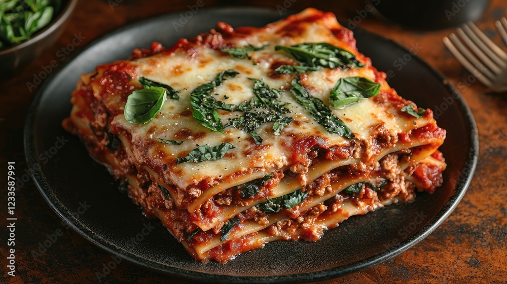 Delicious layered lasagna with meat and spinach on a rustic plate, garnished beautifully Delicious layered lasagna with meat and spinach on a rustic plate, garnished beautifully
