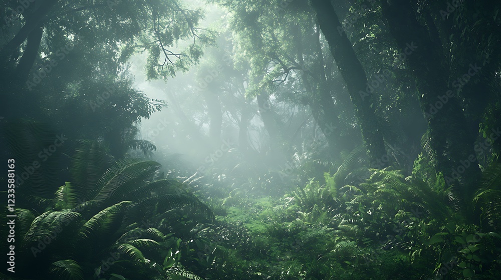A misty forest scene with lush greenery and soft light filtering through the trees. A misty forest scene with lush greenery and soft light filtering through the trees.